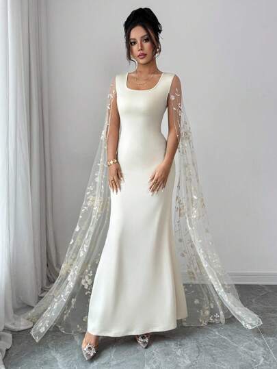 Lyxana Vestido largo de fiesta de estilo sirena con mangas divididas de tela de red bordada elegante para mujer (diseño de bordado aleatorio)