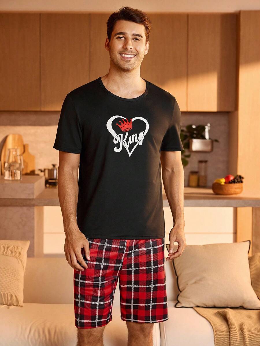 SHEIN 男士夏威夷印花圆领T恤和短裤睡衣套装 - 彩色 - 查看 1