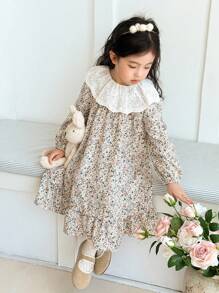 SHEIN Little Byeori Young Girls' Elegant Floral Lace Collar Puff Sleeve Dress Girls With Little Girl Long Autumn Fall Winter - Multicolor - View 3
