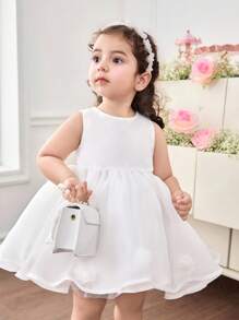 SHEIN Baby Girl Woven Solid Color Splice Mesh Snug Fit Dress - White - View 4