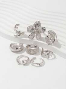 ROMWE Goth 8pcs Fashion Ocean-Inspired Metal Ring Set, Glossy Starfish Shell Flower Geometric Rings, Gift For Women/Daughter/Wife - Silver - View 2