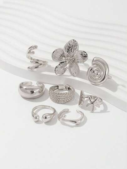 Goth 8 pièces Bague en métal inspiration océan, anneau géométrique à fleur de coquillage et d'étoile de mer brillante. Cadeau pour femme/fille/épouse