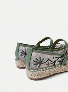 Styleloop 女士绿色碎花网眼透气厚底钩环玛丽珍平底鞋 - 墨綠色 - 查看 5