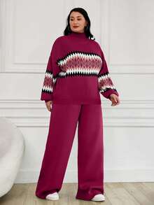 EURMUSE Women's Geometric Pattern High Neck Sweater 2pcs/Set - Hot Pink - View 4