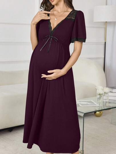 Moonlight&Mama Pregnant Women V-Neck Lace Patchwork A-Line Long Nightgown