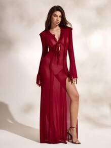 Glamance Women's Burgundy Red Ruffle Trim Front Tie Sexy Dress Y2K 2000s Back To School Fall And Winter Club Outfits Women Sexy Date Night Outfits Women - Burgundy - View 4