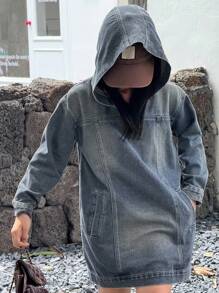 DAZY 女童长袖连帽牛仔上衣，秋季服装 - 藍色 - 查看 7