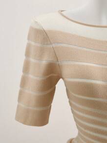 EMERY ROSE Women's Striped Round Neck Short Sleeve Casual Versatile Knit Top - Khaki - View 3