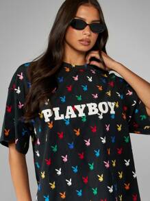 Missguided x Playboy Iconic Bunny Print Oversized T Shirt All Over Pattern Festival Design Casual Summer Streetwear Boxy Fit Graphic Logo Retro Aesthetic Rainbow Print - Black - View 5