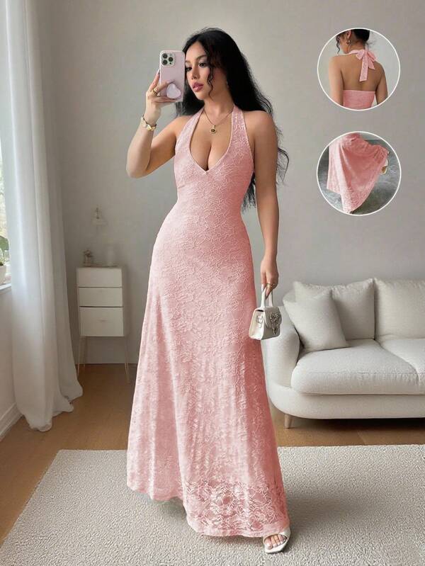 Rafferiza 优雅无袖修身深 V 领全衬蕾丝面料长裙，浅黄色，女式春夏装