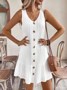 EMERY ROSE Vestido casual de mujer con decoración de volantes sin mangas para verano con botones delanteros