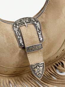 SHEIN ICON Ladies, Women Shoulder Bag, Hobo Bag, Fashionable, Personalized, Simple, Versatile, Street, Sweet And Cool Girls, Hot Girls, Y2k, Retro, Rivets, Vintage, Tassels, Cow Print, Western Style, Bohemian Style, Music Festival, Teenagers - Khaki - View 6