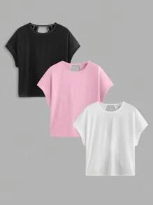 SHEIN Essnce 3件套女士夏季休闲圆领露背宽松短袖T恤套装，黑/粉/白，3件装露脐上衣，适合外出、返校穿着 - 彩色 - 查看 2