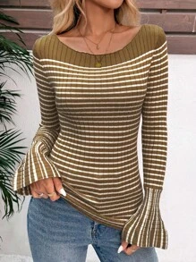 Chiquease Women's Elegant Green And White Striped Knit Top,Autumn Ribbed Scoop Neck Long Bell Sleeves Ruffle Detail Pullover,Casual Brunch Fall Winter Knitwear - Khaki - View 5