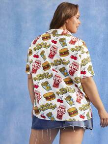 PEPSI X SHEIN 大码字母和卡通图案前扣休闲短袖衬衫 - 彩色 - 查看 2