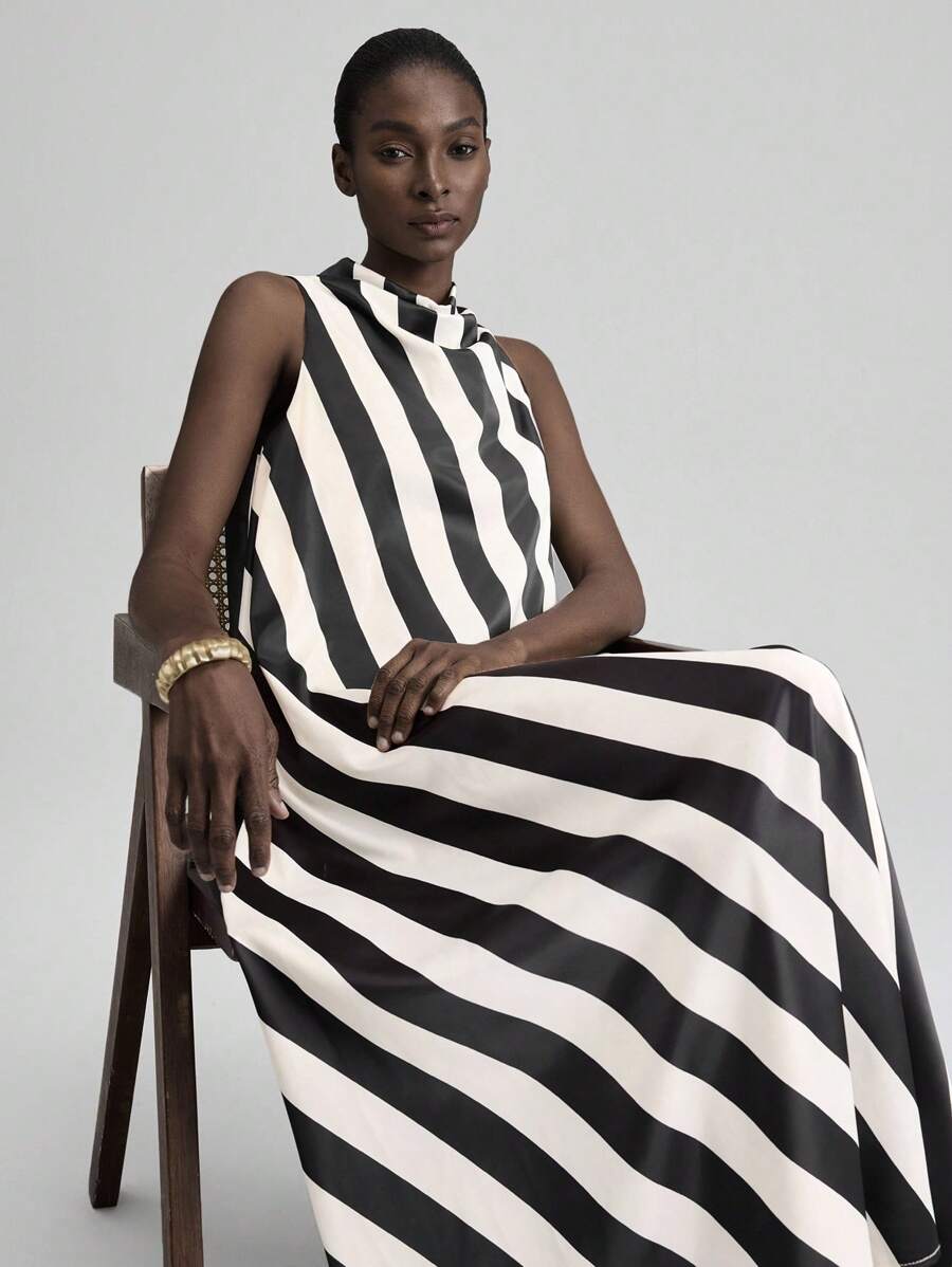 Ontre 2025秋冬女装，女士秋冬装，返校装，万圣节，圣诞节，商务休闲装，复古端庄优雅百搭基础款，纳什维尔服饰，夏季时尚拼色条纹无袖长裙