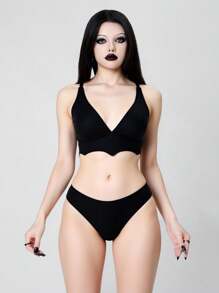 ROMWE Goth Bộ bikini 2 mảnh áo bikini trơn màu và quần tam giác cho nữ, Halloween - màu đen - Xem 3