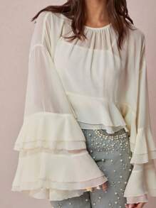 2026 Blusa de manga acampanada de unicolor elegante para la oficina y el ir y venir para mujeres - Albaricoque - Ver 6