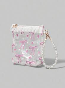 ROMWE Kawaii Pattern: 919979 Bowknot & Heart Printed Transparent PVC Lace Wristlet Makeup Bag Coin Purse Earphone Lipstick Portable Organizer, Gift - White - View 2