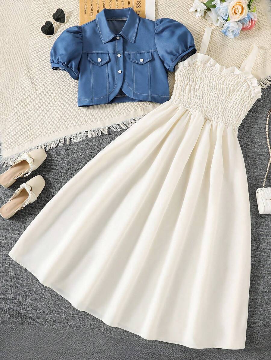 两件套少女套装，优雅杏色吊带长裙+短袖短款外套，街头时尚，百搭实用 - 彩色 - 查看 1