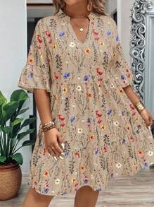 EMERY ROSE Plus Size Women Summer Branch Floral V-Neck Ruffles Hem Loose Shift Dress - Khaki - View 1