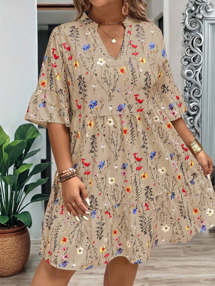 EMERY ROSE Plus Size Women Summer Branch Floral V-Neck Ruffles Hem Loose Shift Dress - Khaki - View 1