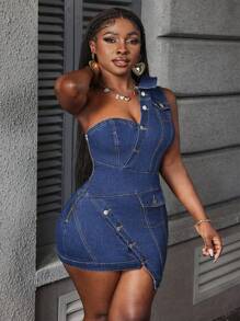 Slaydiva Váy denim bó bất đối xứng thời trang cỡ lớn, mùa hè - Màu xanh lam - Xem 6