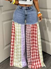 BamGleam Women's Fashion Color Block Plaid Wide Leg Jeans - Multicolor - View 7