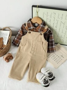 SHEIN 2 pezzi/set Camicia a maniche lunghe con colletto e pantaloni salopette con ricamo a testa d'orso sulla tasca, adatto per bambino unisex, adatto per primavera e autunno, uso quotidiano, viaggi, attività all'aperto, ritorno a scuola, abbigliamento neonato, salopette in velluto a coste per bambino, outfit autunnale per bambino 3M-3T, tutina per neonato, set tutina per neonato - Multicolore - Visualizzare 3