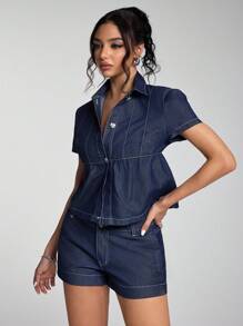 Jeanoix 短袖皱褶纽扣牛仔水洗休闲衬衫 - 深色水洗藍 - 查看 3