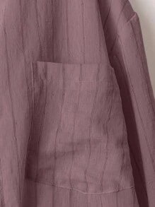 Linhara Kemeja Panjang Wanita Ukuran Besar Musim Semi/Gugur Kasual Motif Garis-garis Patchwork Saku Hem Melengkung untuk Wanita - Dusty Pink - View 5