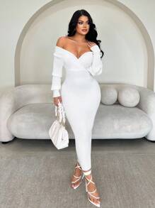 SHEIN SXY 女士性感优雅白色 V 领露肩长袖修身毛衣裙，适合日常穿着、办公室、约会、休闲、派对、感恩节、圣诞节白色中长裙白色长袖连衣裙白色紧身连衣裙罗纹中长裙秋冬 - 白色 - 查看 6