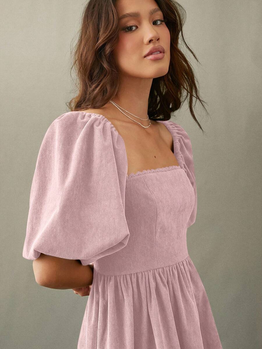 WESTFADE Cowgirl Corduroy Square Neck Scallop Trim Short Puff Sleeve Babydoll Mini Dress Casual, Cute, Fall, Autumn, Winter, Boho Outfit, Western Wear For Women, Country Concert Outfit - Blue - View 1