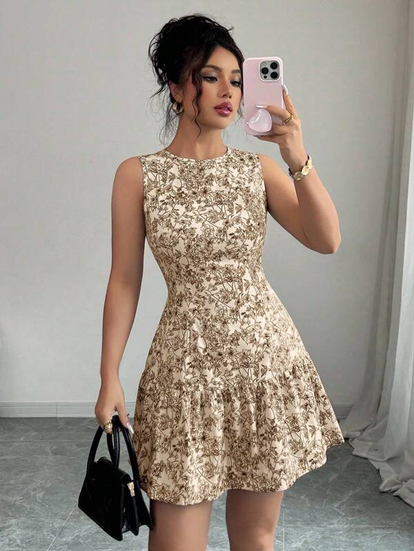 Elenzga Vestido mini bohemio elegante francés con estampado floral sin mangas y cinturón para mujer, atuendo de graduación para primavera/verano