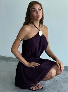 Aloruh Women's Dark Purple Summer Casual Mini Halter Neck Dress,Metal Shell Decor Ruched Chiffon Vacation Holiday Beach Outfits Wedding Guest Dress - Purple - View 6