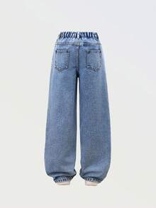 SHEIN Denimly 女童学院风户外风格松紧腰拉链开合可爱刺绣设计牛仔裤，时尚休闲通勤必备单品 - 中等水洗藍 - 查看 2