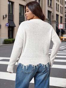 Calvaya Maglione oversize a maniche lunghe da donna casual lento a collo a V con orlo frangato, adatto come indumento esterno e per le vacanze, autunno/inverno - Bianco - Visualizzare 2