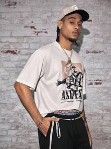 AXEPEAK Camiseta casual de estilo occidentalcon estampado de vaquero para hombres, de moda para vacaciones - Albaricoque - Ver 5