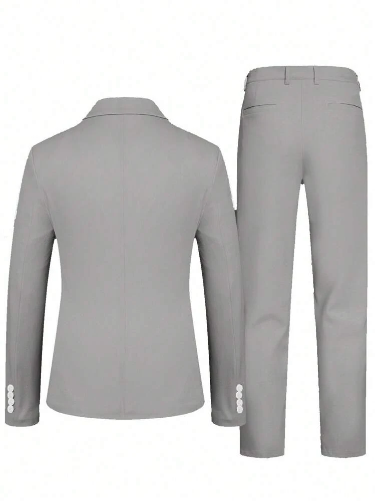 Manfinity Mode Conjunto de 2 Peças, Paletó e Calça, Terno Empresarial Masculino de Cor Sólida com Gola Lapela - Cinza Claro - Visão 2