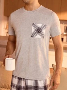 Manfinity Underwear&Sleepwear Basics Men's Summer Casual Plaid Patchwork Pocket Short Sleeve Top And Shorts Loungewear Set