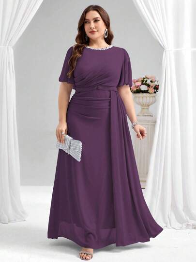 Coutiva 大码女士奢华晚礼服，高端舞会礼服，亮片和珍珠领优雅精致高贵淑女礼服，轻盈奢华