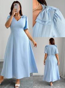 Elenzga Plus Size Textured Bow V-Neck Short Sleeve Dress - Blue - View 1
