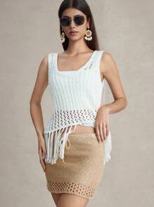 Briarwyn Women's Summer Vacation Solid Color Hollow-Out Knitted Bodycon Skirt,Fall,Back To School,Old Money Style,Teacher,Modest Kawaii Skirt - Gold - View 7