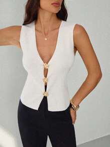 SHEIN Tall Women's Elegant Metal Button Cardigan Sweater - White - View 7