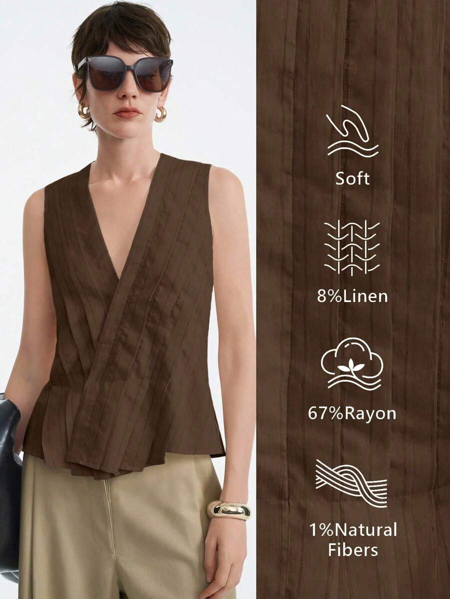 Aalyst Top chiffonné bicolore à rayures minimaliste col en V sans manches pour femmes, couleur avoine - Taupe - Voir 1