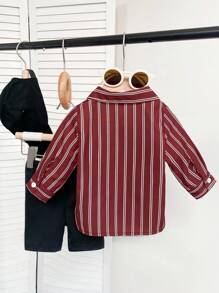 SHEIN 3 件套女婴休闲条纹长袖防晒领衬衫、柔软亲肤黑色吊带背心和紧身短裤套装，适合上学、日常穿着和运动 - 酒紅色 - 查看 2