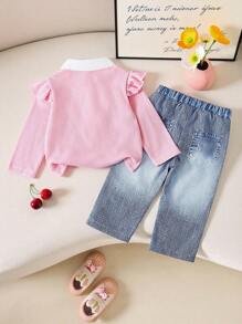 SHEIN 2pcs Set Baju Bayi Perempuan Berkerah Modis, Pakaian Kasual Warna Lembut untuk Musim Semi/Gugur - Berwarna merah muda - View 2