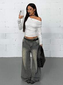 Coolane Damen Sommer Streetwear Musik Festival Lässig minimalistisches rückenloses asymmetrisches Hals weißes T-Shirt - Weiss - Übersicht 5