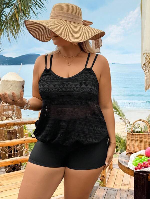Swim Lushoire Plus Size Women 2pcs Solid Black Lace Fashion Vacation/Everyday Slimming High-Waist Shorts & Adjustable Strap Tankini Swimsuit Set