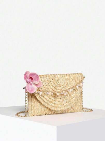 Fairycore Women's Floral Straw Shoulder Bag, Shell Shape Decor Ocean Theme Lightweight Crossbody Bag For Beach Holiday And Shopping